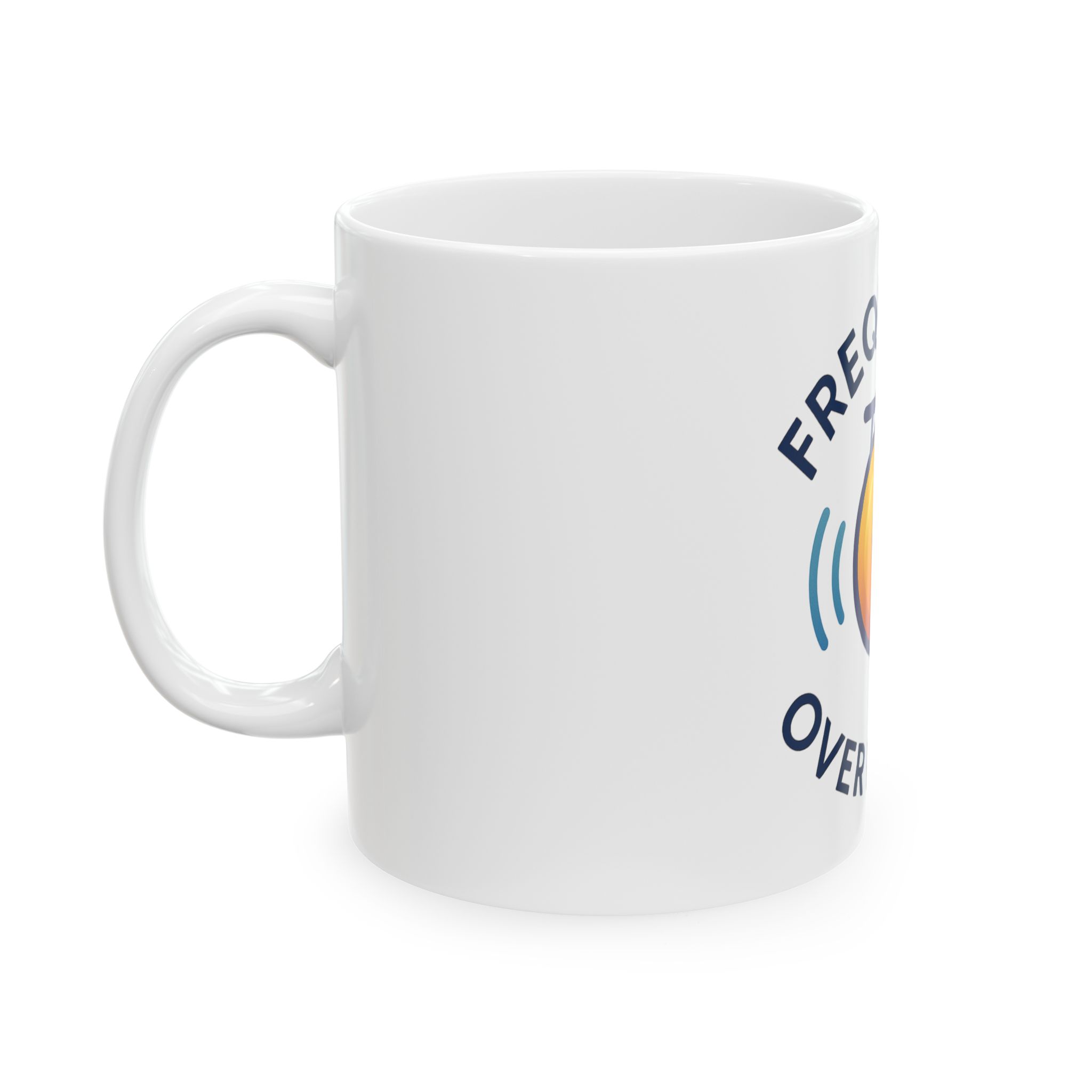 "Frequency Over Pharma” Ceramic Mug (Gong design) - Image 3