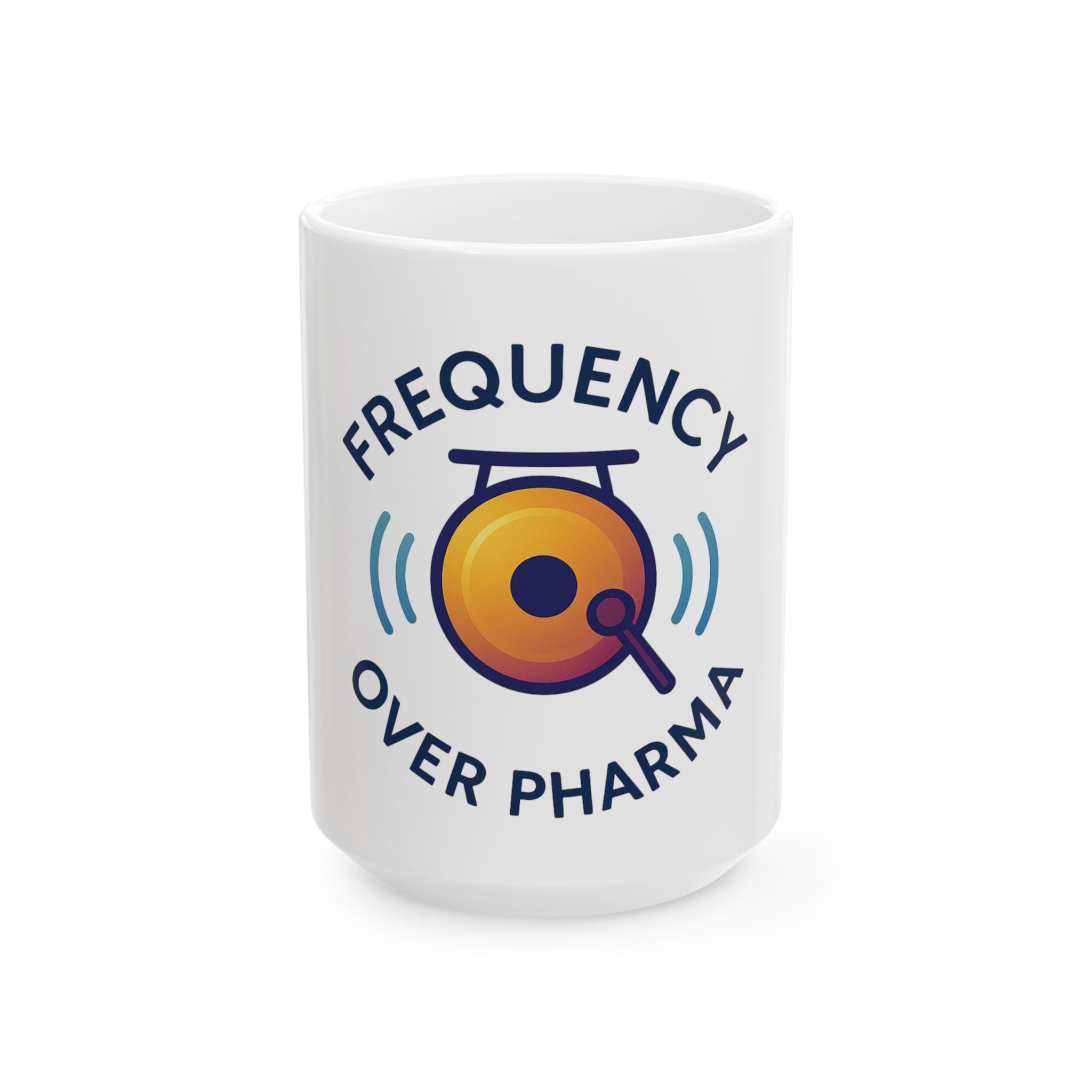 "Frequency Over Pharma” Ceramic Mug (Gong design) - Image 5